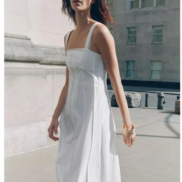 NWT Zara Poplin Corset Seamed Maxi Dress in White - S - Picture 2 of 8